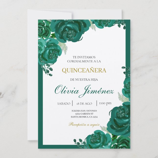 Invitación Flor verde esmeralda quinceañera (Anverso)
