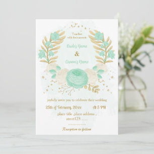 Invitación flor verde menta y blanco boda floral oro oro invi