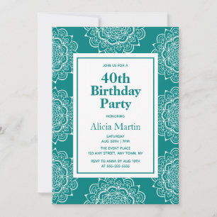 Invitación Flor verde y blanca de Mandala 40 cumpleaños