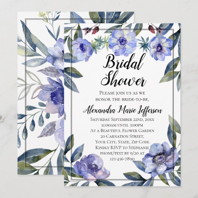 Invitación Flor violeta anémona acuática ducha de novia (Anverso / Reverso)