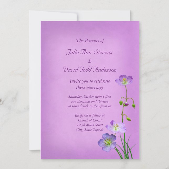 Invitación Flor violeta en Boda morado (Anverso)