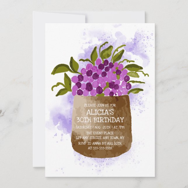 Invitación Flor violeta en la acuarela de la olla cumpleaños (Anverso)