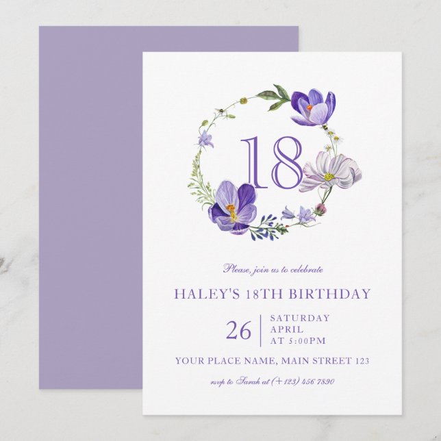 Invitación Flor violeta Floral Elegante 18 cumpleaños (Anverso / Reverso)