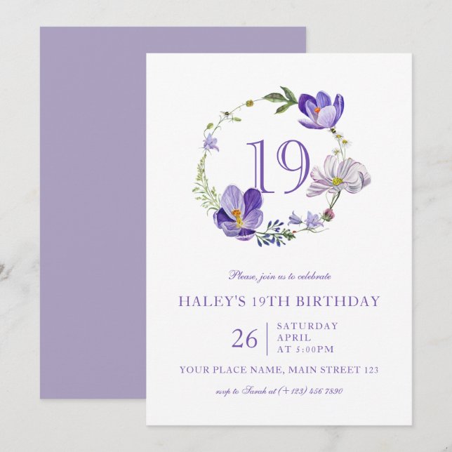 Invitación Flor violeta morada de flores silvestres 19 cumple (Anverso / Reverso)