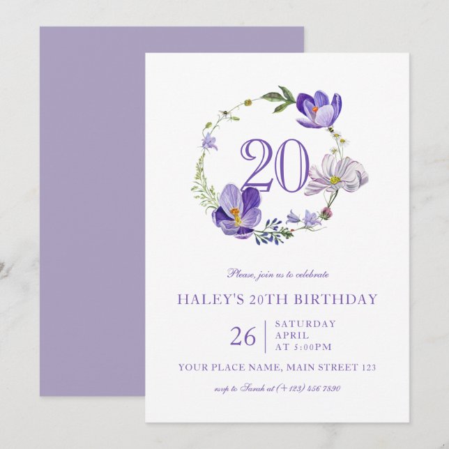 Invitación Flor violeta morada de flores silvestres 20 cumple (Anverso / Reverso)