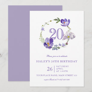 Invitación Flor violeta morada de flores silvestres 20 cumple