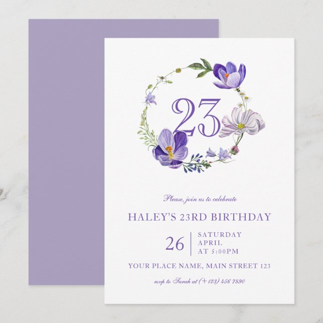 Invitación Flor violeta morada de flores silvestres 23 cumple (Anverso / Reverso)
