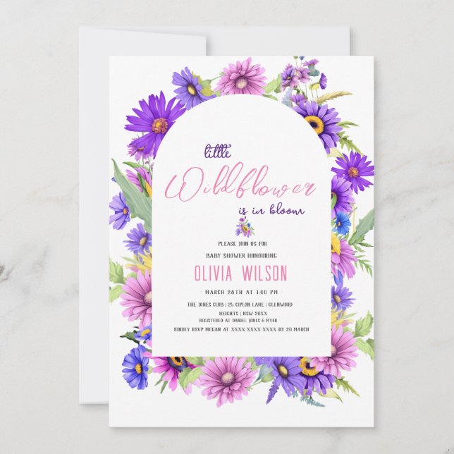 Invitación Flor violeta rosa brillante en camino #3 (Anverso)