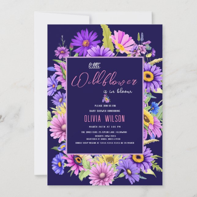 Invitación Flor violeta rosa brillante en camino #6 (Anverso)