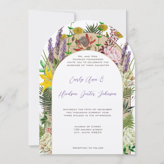 Invitación Flor virgen Boho silvestre Fern morado amarillo fl (Anverso)