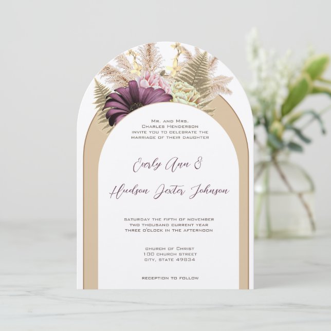 Invitación Flor virgen Boho silvestre Fern morado amarillo fl (Anverso de pie)