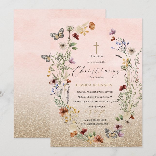 Invitación Flor y mariposa acuarela Únete a nosotros para una (Anverso / Reverso)