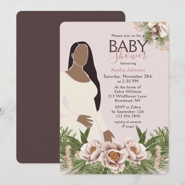 Invitación Flora acuarela Baby Shower rosa de Rubor (Anverso / Reverso)
