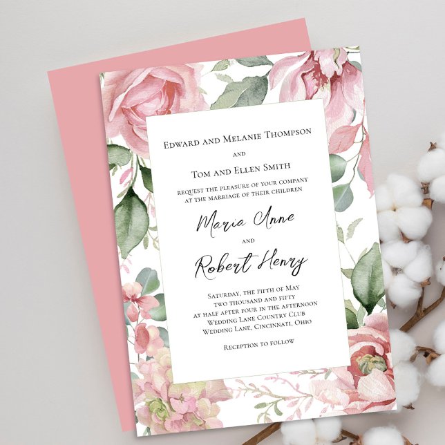 Invitación Flora acuarela Boda rosa Rubor (Blush pink floral wedding invitations. )