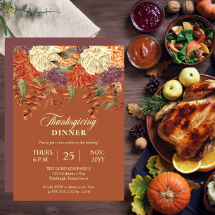 Invitación Flora acuarela Cena de Acción de Gracias de Euca
