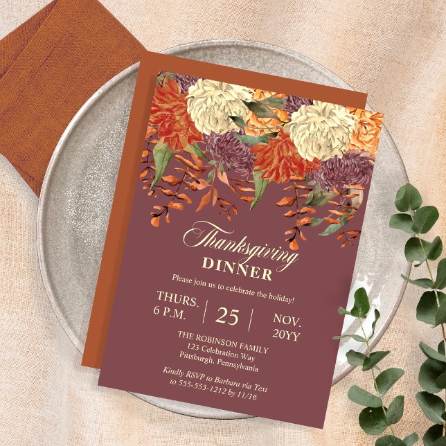 Invitación Flora acuarela | Cena de Acción de Gracias de Euca (Watercolor Floral Eucalyptus Dusky Mauve Thanksgiving Dinner Invitation with Terracotta Back)