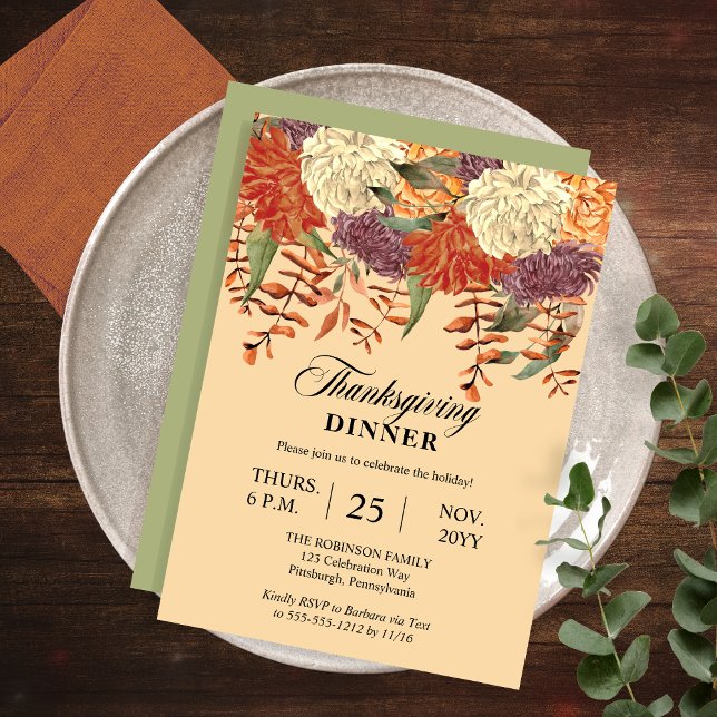 Invitación Flora acuarela | Cena de Acción de Gracias de Euca (Watercolor Floral Eucalyptus Thanksgiving Dinner Invitation with  Light Sage Green Back)
