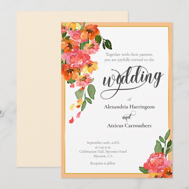 Invitación Flora acuarela Naranja brillante (Anverso / Reverso)