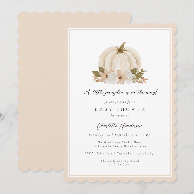 Invitación Flora acuarela Pequeña Calabaza Baby Shower (Anverso / Reverso)