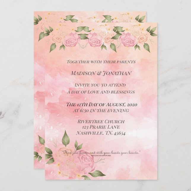 Invitación Flora acuarela rosa de Rubor (Anverso / Reverso)