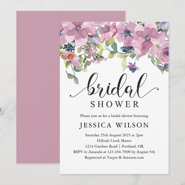 Invitación Flora acuarela Rubor y ducha de novia verde (Anverso / Reverso)