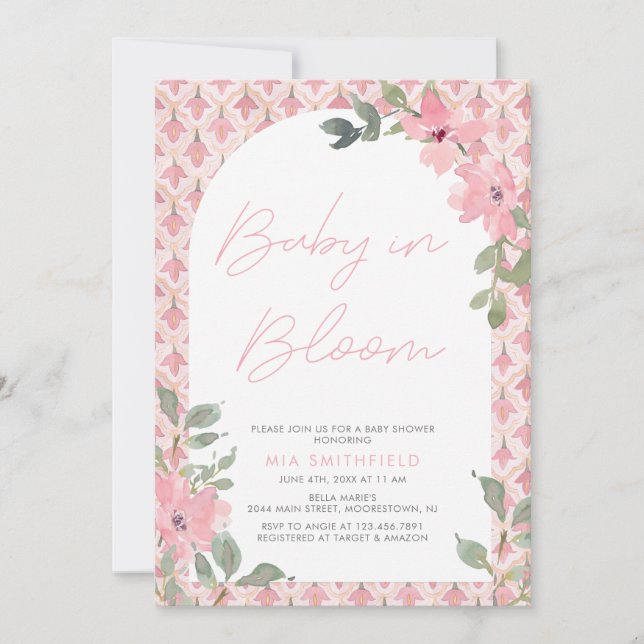 Invitación Flora acuática de mosaico rosa bebé en ducha de fl (Anverso)