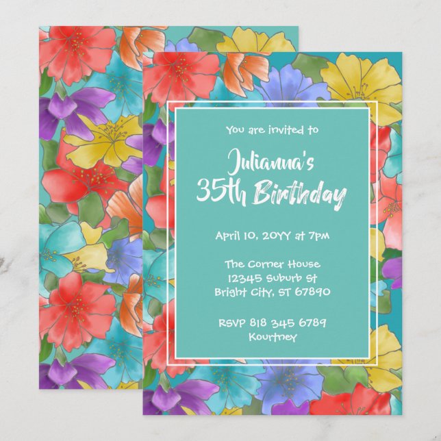 Invitación Flora acuática turquesa moderna 125º cumpleaños (Anverso / Reverso)