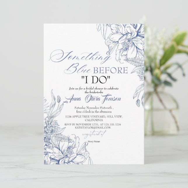 Invitación Flora Algo Azul Antes de YO Despedida de Soltera (Anverso de pie)