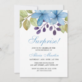 Invitación Flora azul acuarela cualquier edad cumpleaños sorp