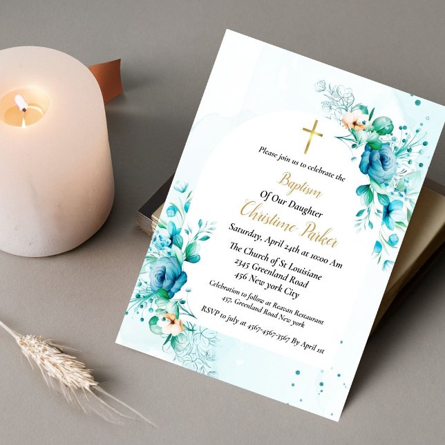 Invitación Flora azul acuarela salpicar Baptismo (Subido por el creador)