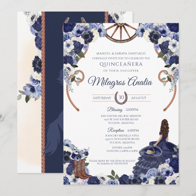 Invitación Flora azul de la marina rusa Charro Occidental Qui (Anverso / Reverso)