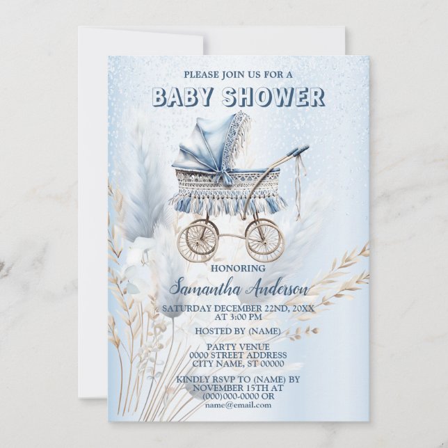 Invitación Flora azul de Stroller clásica Cute de Baby Shower (Anverso)
