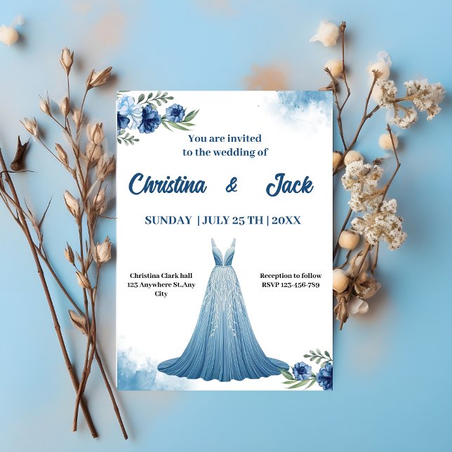 Invitación Flora azul| Elegante Boda de diseño de vestido (Subido por el creador)