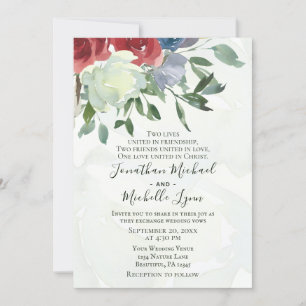 Invitación Flora azul roja azul acuarela cristiana Boda
