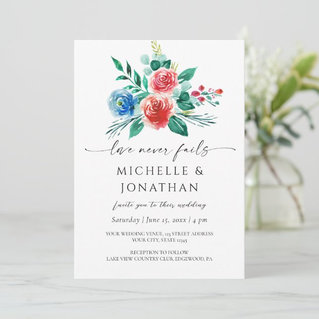 Invitación Flora azul rosa brillante Boda de la Biblia cristi (Anverso de pie)