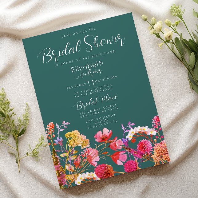 Invitación Flora azul verde malva naranja rosa amarilla Ducha (Mauve green orange pink yellow flora Bridal Shower)