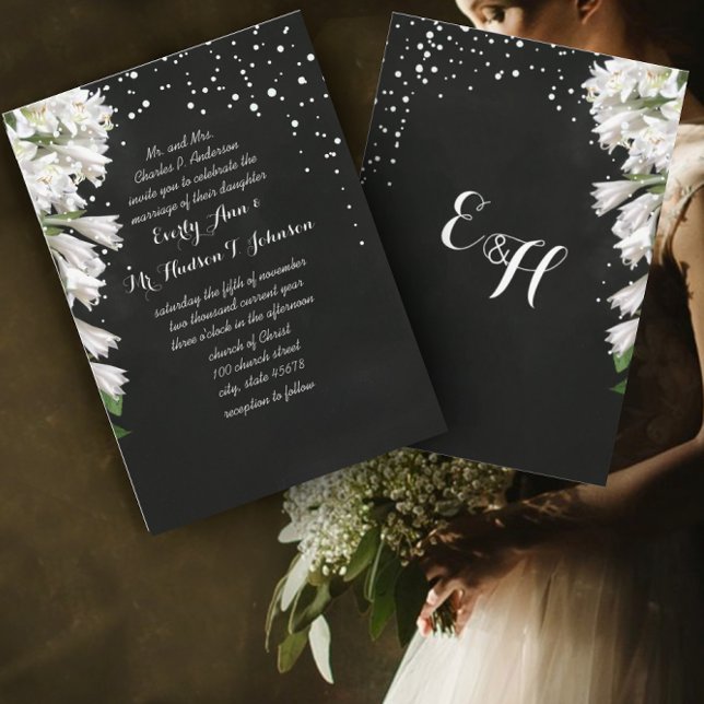 Invitación Flora blanca elegante sobre Boda negro (Subido por el creador)