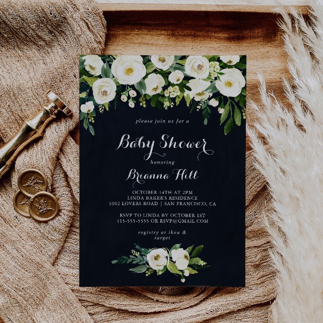 Invitación Flora blanca verde azul real Baby Shower (Subido por el creador)