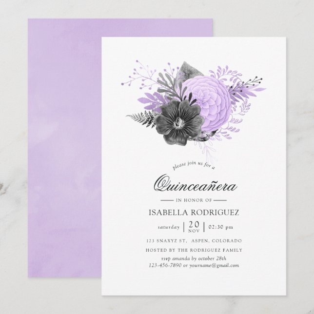 Invitación Flora de acuarela de Lilac y Carbón Quinceañera (Anverso / Reverso)