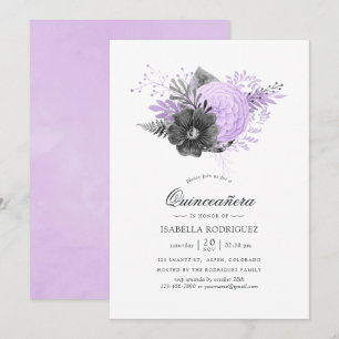 Invitación Flora de acuarela de Lilac y Carbón Quinceañera