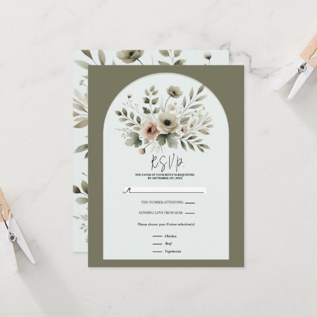 Invitación Flora de acuarela verde de oliva de Khaki RSVP (Anverso/Reverso In Situ)