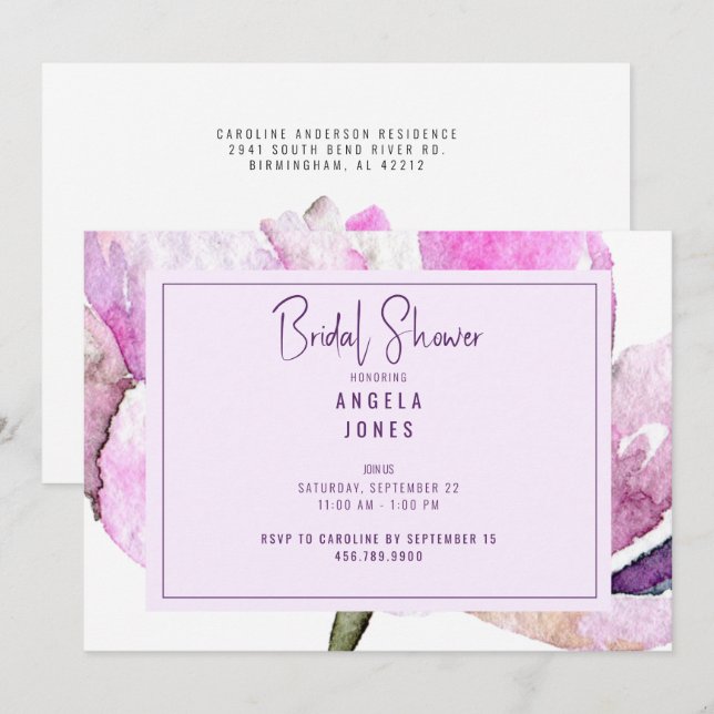 Invitación Flora de agua rosada y lavanda (Anverso / Reverso)