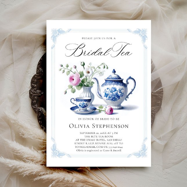 Invitación Flora de armazón azul de tela de novia ducha de té (bridal tea invitation toile chinoiserie blue frame tea set roses floral flower elegant modern classy)