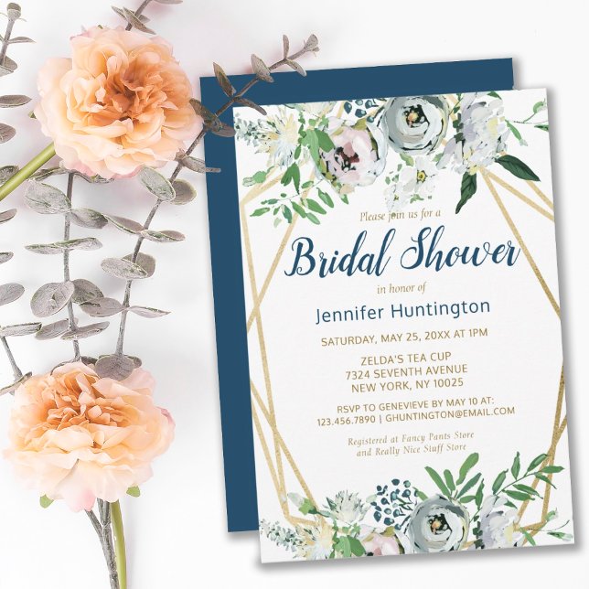 Invitación Flora de Boho azul acuarela (ELEGANT BLUE BOHO WHITE FLORAL BRIDAL SHOWER INVITATION
)