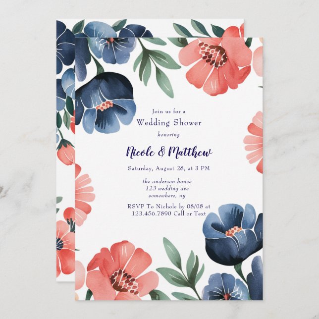 Invitación Flora de cascos azules y corales para bodas (Anverso / Reverso)