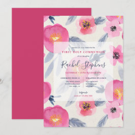 Invitación Flora de color de agua rosa primera comunión sagra