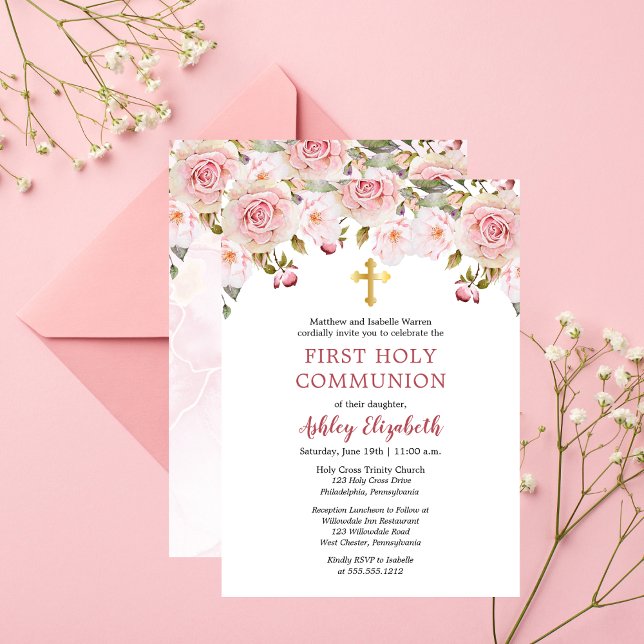 Invitación Flora de color rosa Floral primera comunión sagrad (Beautiful Pink Roses Watercolor Floral First Holy Communion Invitation - Print and/or Digital)