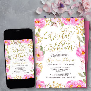 Invitación Flora de ducha de novia caligrafía rosa y dorada