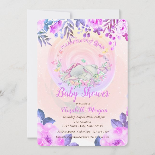 Invitación Flora de elefante de bebé lindo (Anverso)