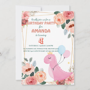 Invitación Flora de globo de la corona de dino lindo Fiesta d